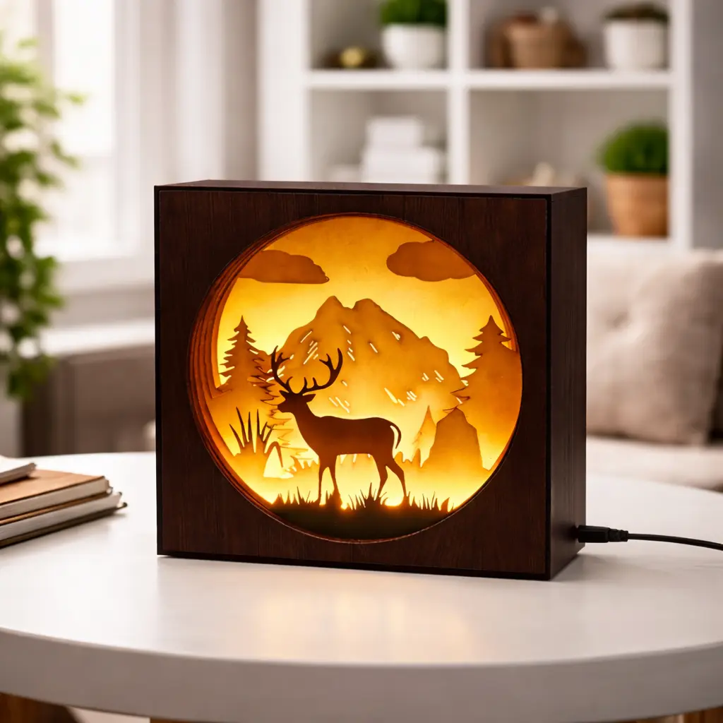 [ETOSM-TZ-SB-N1] Forest Deer Shadow Box Lamp | 3D Layered Handcrafted Night Light | MDF & Acrylic | Warm White LED | Home Decor & Gifting | TruLaze by EToSM®
