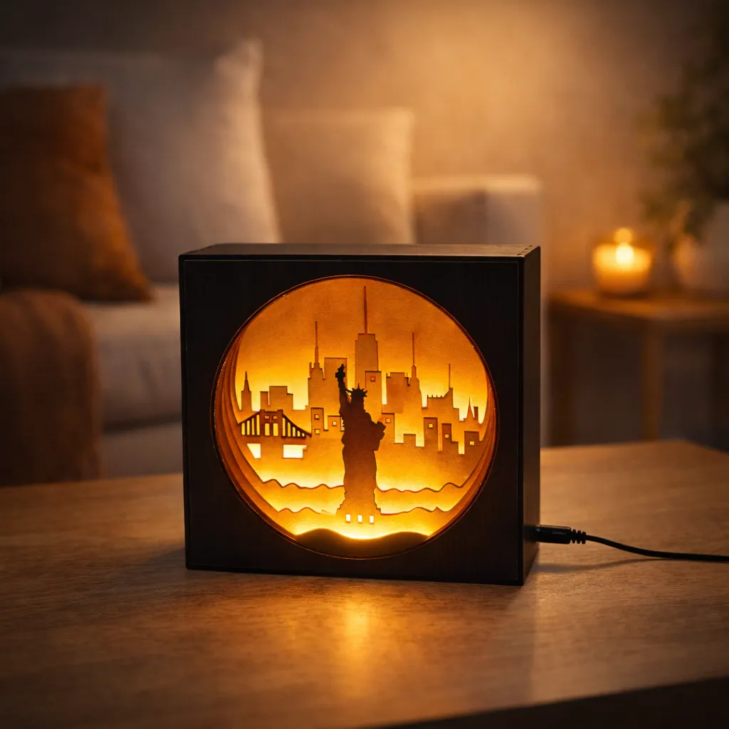 [ETOSM-TZ-SB-N2] 3D Shadow Box Lamp – Statue of Liberty City Skyline Table Night Lamp | Warm White LED Ambient Decorative Light for Bedroom & Living Room (Plug-in Adapter)