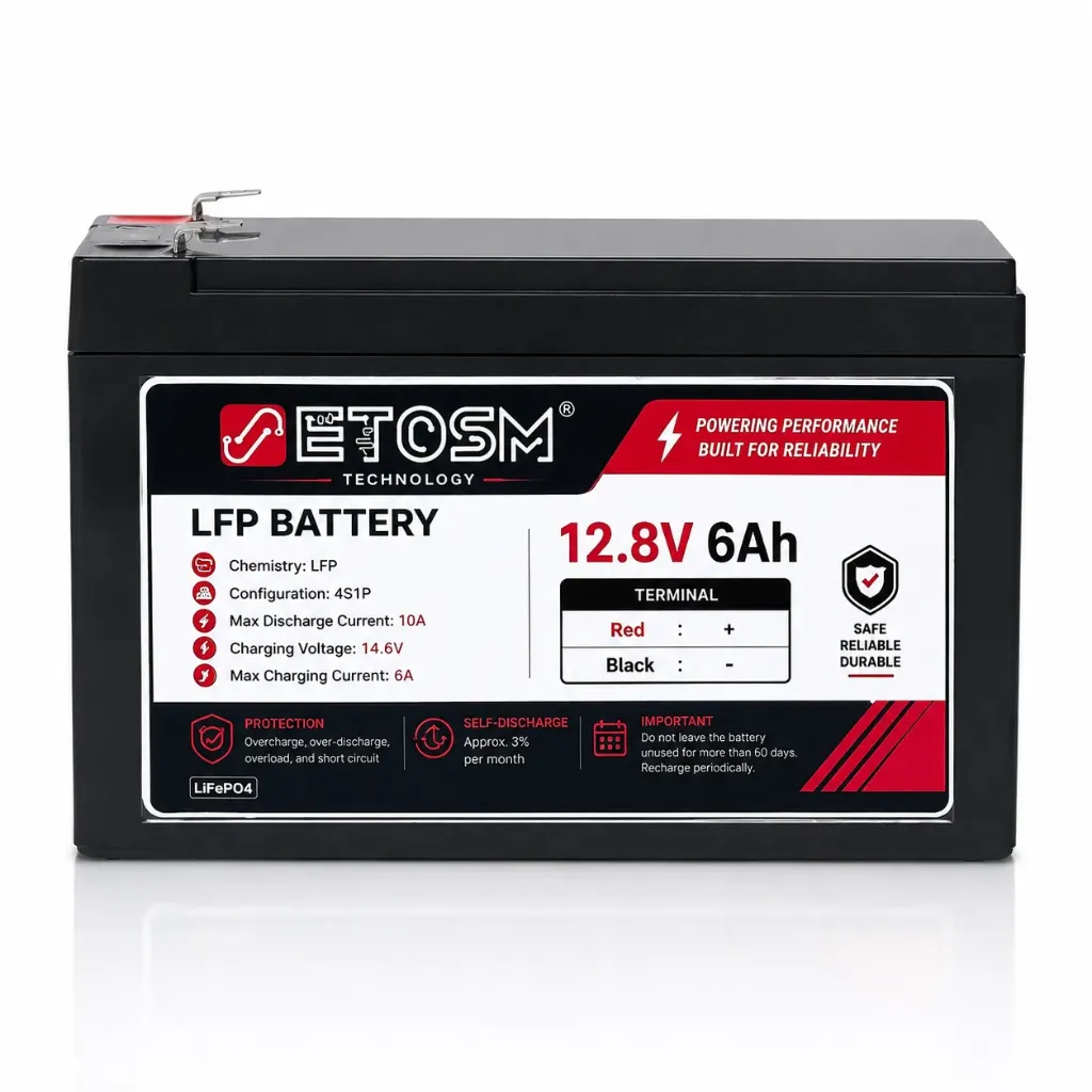 [12V 6Ah LFP ABS] ETOSM 12.8V 6Ah (77Wh) LiFePO4 Battery Pack with Built-in BMS | 4S1P LFP Rechargeable Battery for UPS, Solar, CCTV & Emergency Light